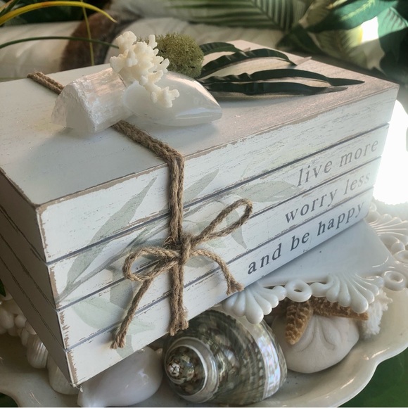 New! Zen Bamboo Selenite Crystal Heart Wood Book Stack - Picture 3 of 5